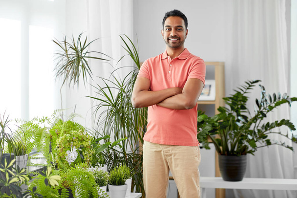 smiling indian man with houseplants at home - Fotó, kép