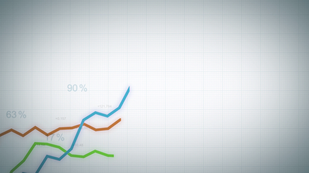 Business Growth And Success Arrow Infographics/ 4k animation of a business infographics with rising arrow and bar stats appearing, symbolizing growth and success, with glitch and noise digital effects - Footage, Video