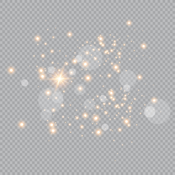 Poussière blanche. Des étincelles blanches et des étoiles dorées brillent avec une lumière spéciale. Le vecteur scintille sur un fond transparent. Modèle abstrait de Noël. Particules de poussière magiques étincelantes
. - Vecteur, image