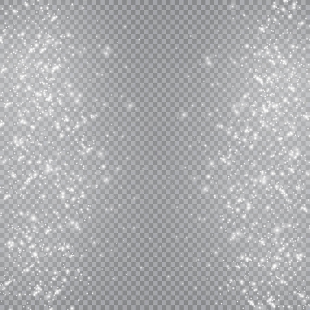 Pölyvalkoinen. Valkoiset kipinät ja kultaiset tähdet loistavat erityisellä valolla. Vektori kimaltelee läpinäkyvällä taustalla. Joulun abstrakti kuvio. Kuohuviini maaginen pöly hiukkasia
. - Vektori, kuva