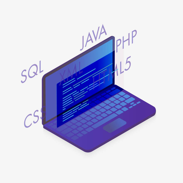Web 開発の概念アイソメトリック ベクトル図。ソフトウェアプログラミング、データ処理、コーディング。白い背景に窓の仮想画面を持つラップトップコンピュータ.  - ベクター画像