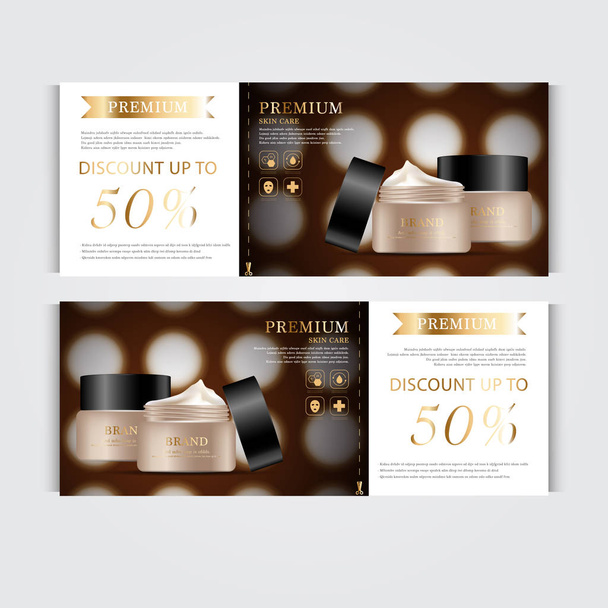 Gift voucher hydrating facial cream for annual sale or festival sale. brown and black cream mask bottle isolated on glitter particles background. Banner graceful cosmetic ads, illustration. - Vektori, kuva