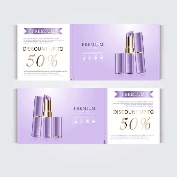 Gift voucher hydrating facial lipstick for annual sale or festival sale. purple and gold lipstick mask bottle isolated on glitter particles background. Banner graceful cosmetic ads, illustration. - Vektor, Bild