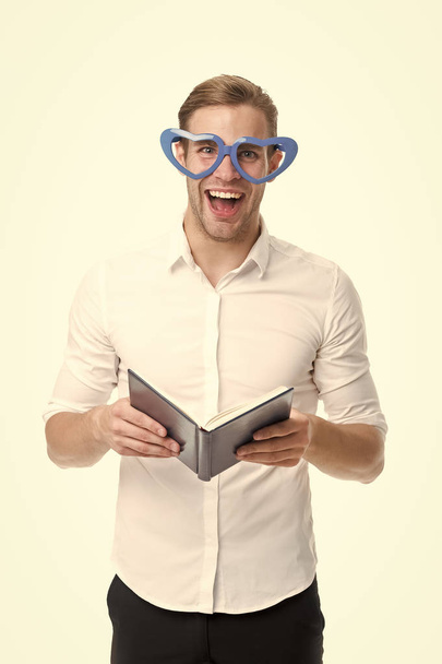 Fashion portrait of man. happy man in glasses red book. Business training. back to school. Male fashion. Businessman. Bearded man. Education concept. happiness. Our work is amazing - Foto, Imagem