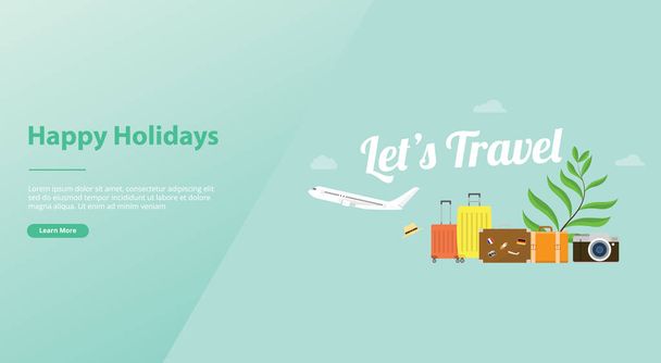 permite viajar ou conceito de cartaz de férias com avião e bagagem saco e grande texto para modelo de site ou design de página inicial de desembarque - vetor
 - Vetor, Imagem