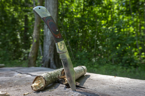 Couteau pliant collé debout dans une vieille table de pique-nique
 - Photo, image
