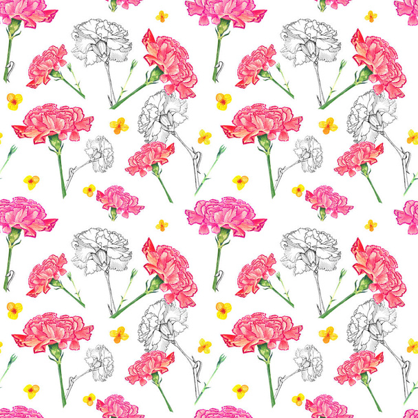 Carnation and buttercup flowers on white background, mixture of watercolor and ink graphics hand-drawn illustration, seamless pattern - Fotó, kép