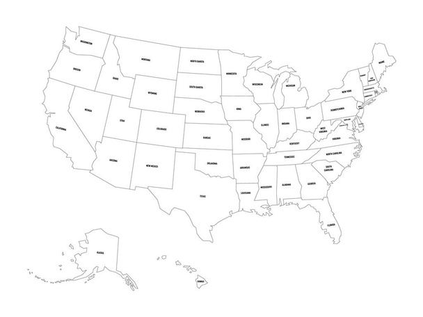 Political map of United States od America, USA. Simple flat black outline vector map with black state name labels on white background - Vector, Image