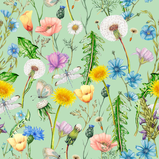 handgezeichnete botanische nahtlose Muster von Garten Wildblumen, Pflanzen - Foto, Bild