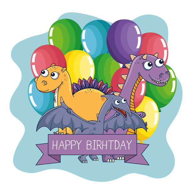 pterosaur with stegosaurus and carnotaurus with balloons and ribbon - Vector, Image
