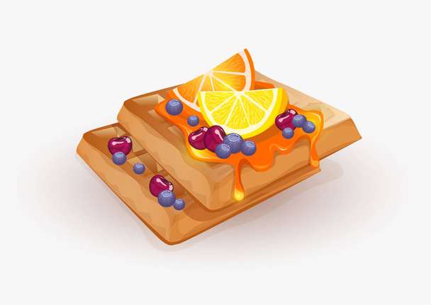 waffles saborosos com bagas e laranjas em um fundo leve
 - Vetor, Imagem
