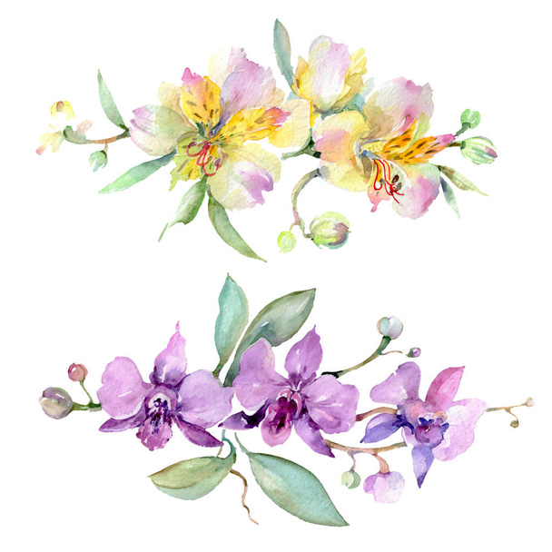Orchid bouquets floral botanical flowers. Watercolor background illustration set. Isolated bouquet illustration element. - Photo, image