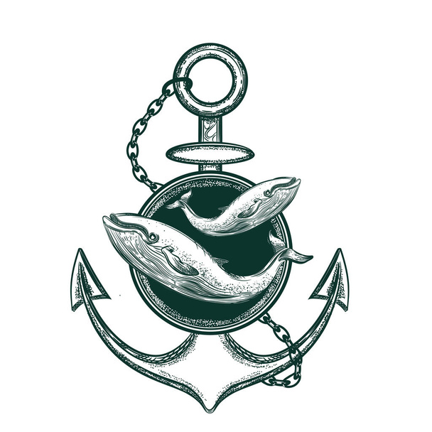 Vector image of anchor and whale. Tattoo sketch. - Vector, Image