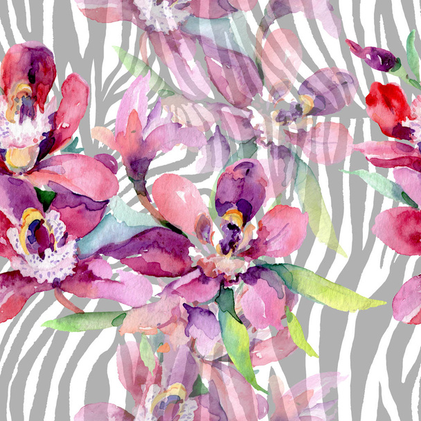 Orkide buketleri çiçek botanik çiçekler. Suluboya arka plan illüstrasyon seti. Kesintisiz arka plan deseni. - Fotoğraf, Görsel