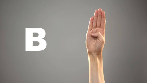 Letter B in sign language, hand on background, communication for deaf, lesson - Фото, зображення