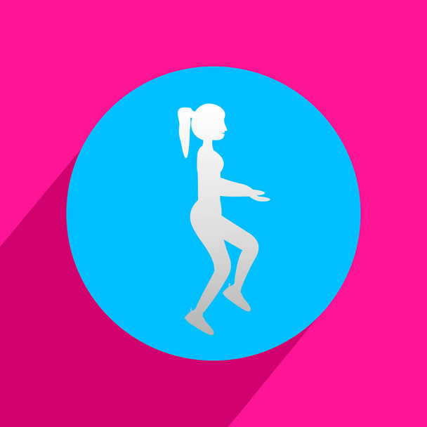 Ajuste mujer joven haciendo ejercicios para el calentamiento del cuerpo. Icono con sombra larga y símbolo de vector plano
. - Vector, imagen