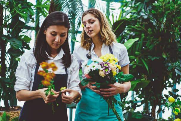 Concentrated female colleagues in apron working together in botanic orangery composing bouquets with fresh flowers for sale, asian floris making workshop for young employee during time in greenery - Photo, image
