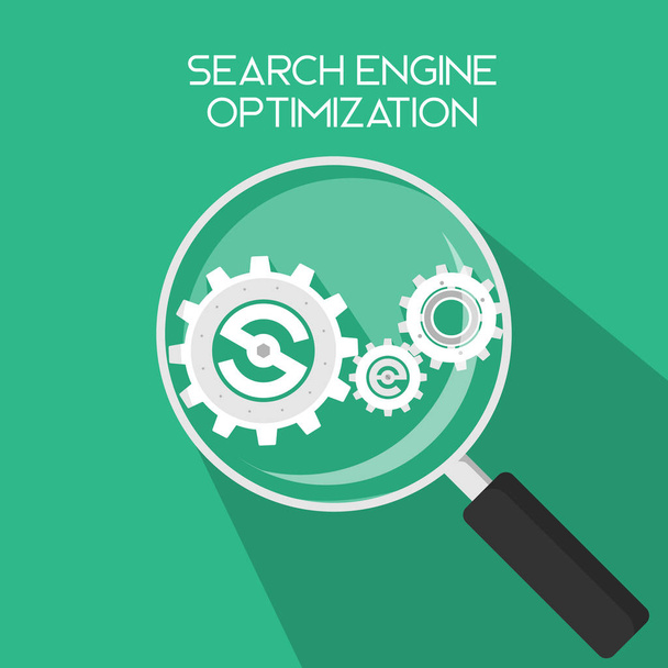 SEO Search Engine Optimization gears on magnifiying magnifier glass simple clean flat long shadow icon illustration - Vektör, Görsel