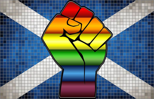 スコットランドの旗に光沢のあるLGBT抗議拳 - イラスト、抽象的なモザイクスコットランドとゲイフラグ - ベクター画像