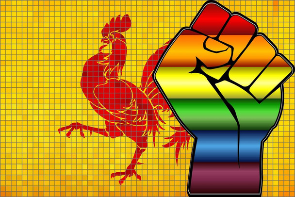 Fényes LMBT tiltakozás Fist egy flamand régió zászló-illusztráció, absztrakt mozaik flamand régió és meleg zászlók - Vektor, kép