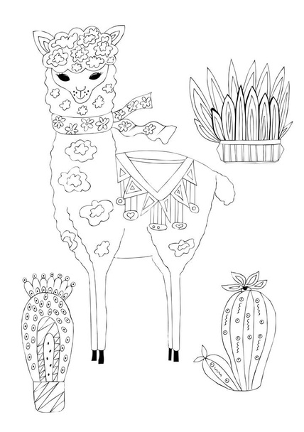 İzole beyaz bir arka plan üzerinde çiçekler ve bitkiler arasında bir hayvan alpaka siyah mürekkep çizim çizim illüstrasyon. - Fotoğraf, Görsel