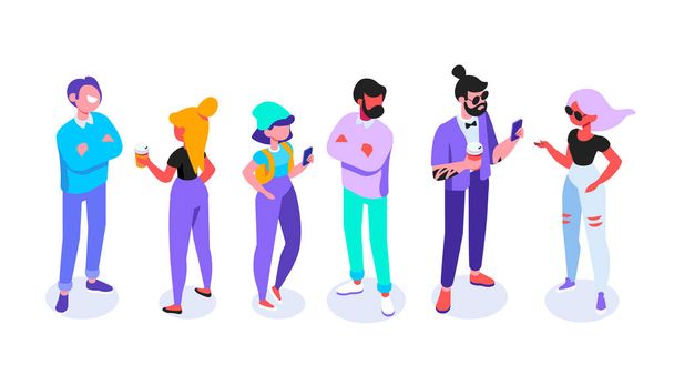 Happy young people in casual clothes isometric set. Modern city people. Friends, students. Communication. People talking. Flat cartoon style. Vector isometric characters isolated on white. - Vector, Image
