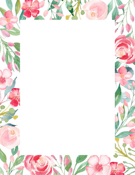 Flowers watercolor hand drawn raster frame template - Фото, изображение