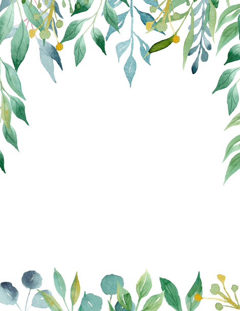 Green and yellow leaves aquarell hand drawn raster frame template - Photo, Image