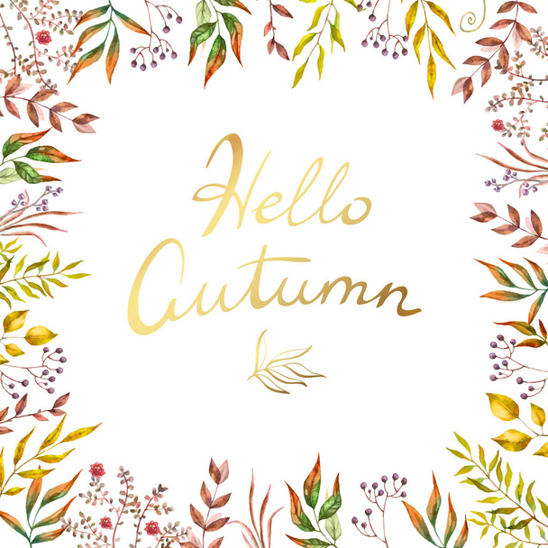 Herbal mix vector frame. Hand painted plants, branches and leaves on white background. Natural fall card design. - Vector, Image