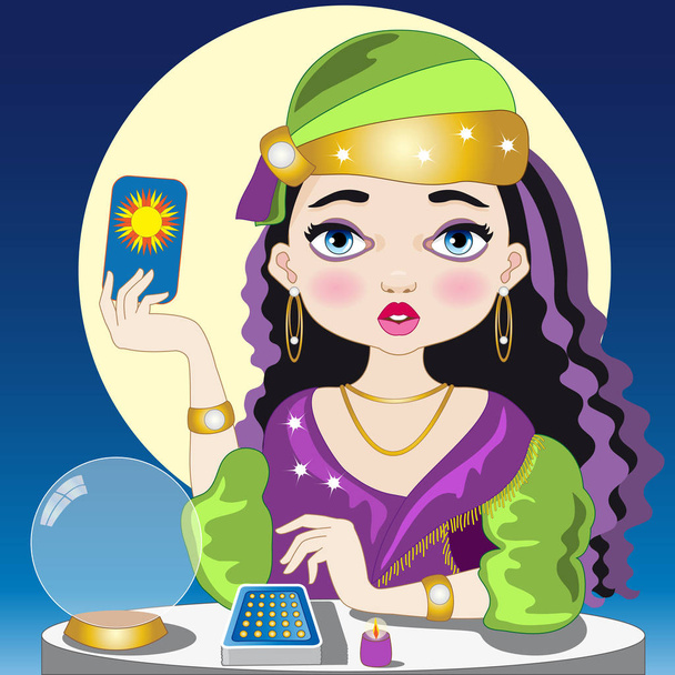 Fortune-teller with tarot and full moon - Vector, Image