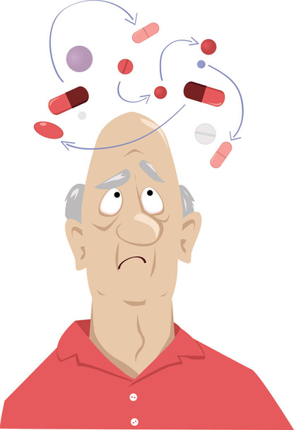 En anciano confundido por la posible interacción entre sus medicamentos, EPS 8 vector ilustración
 - Vector, Imagen