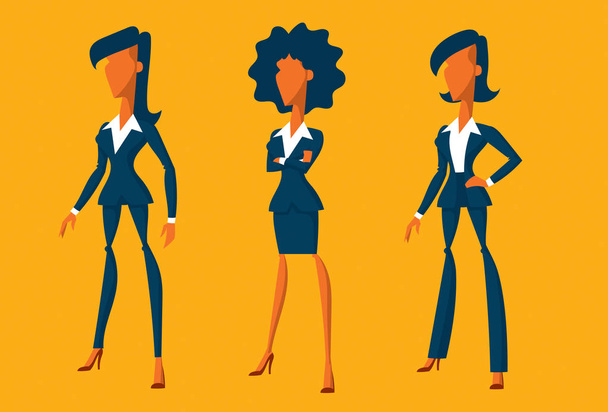 03 flache Zeichentrickfiguren für Geschäftsfrauen, orangefarbene Version. Diese farbenfrohen Vektorfrauen haben ein modernes Charakterdesign. Sie werden Ihnen helfen, Ihre Präsentation, Website, eBook oder Infografik zu ergänzen. Sie können ihre Farben einfach bearbeiten. - Vektor, Bild