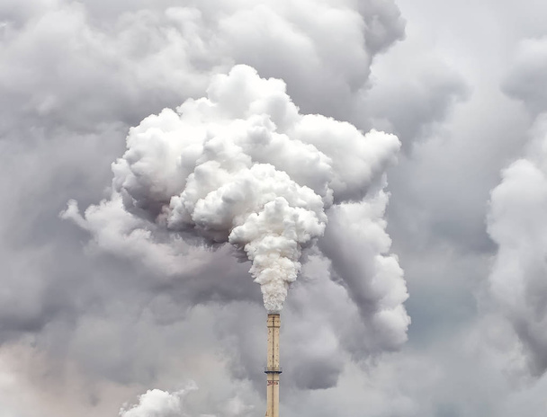 Smoke from factory pipe against dark overcast sky - Photo, Image