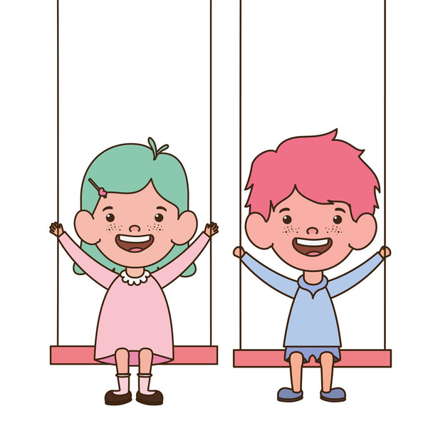 paar baby in Swing glimlachend op witte achtergrond - Vector, afbeelding