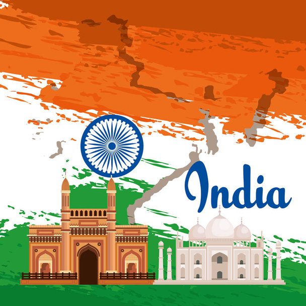 Indien Emblem und Flagge mit Architektur und Taj Mahal - Vektor, Bild