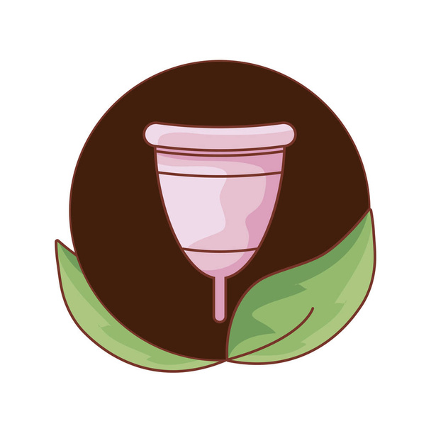 menstrual cup female in frame circular with leafs - Vector, Image