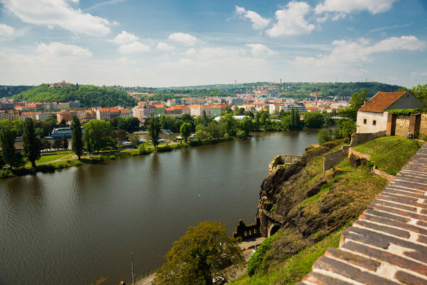 Prague, Czech Republic: Panoramic view of Prague Czech Republic and Vltava river from Visegrad fortress - 写真・画像