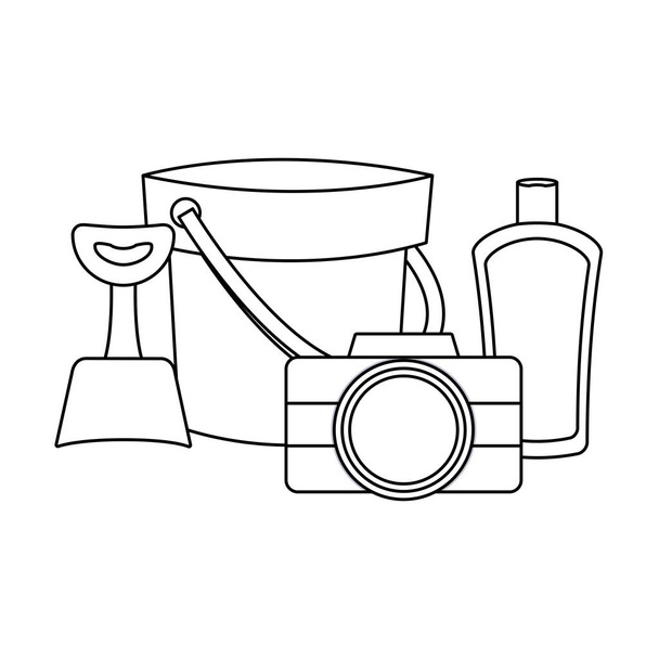 bucket with camera and bottle of blocker - Vector, Image