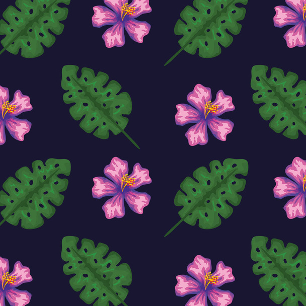 熱帯の葉の背景を持つエキゾチックな花 - ベクター画像