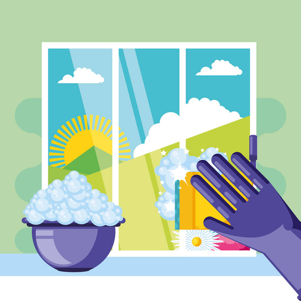 narzędzia do sprzątania z oknem i ikonami - Wektor, obraz