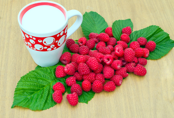 raspberries and a cup of milk - Фото, изображение