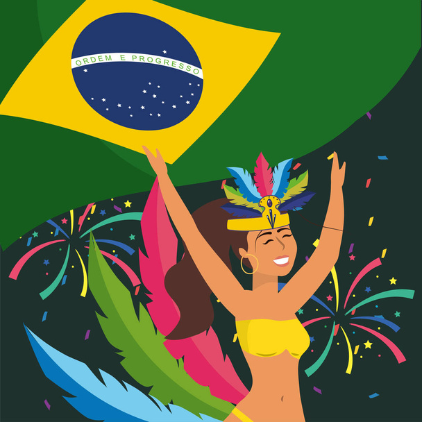 κορίτσι χορεύτρια με τη σημαία της Βραζιλίας και πυροτεχνήματα - Διάνυσμα, εικόνα