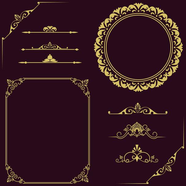 Set of stylish golden frame elements on black background  - Vector, imagen