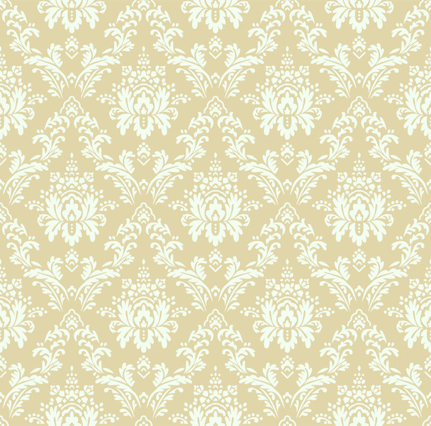 nahtloses Muster mit filigranem lockigem Damastornament auf hellgelbem Hintergrund - Vektor, Bild