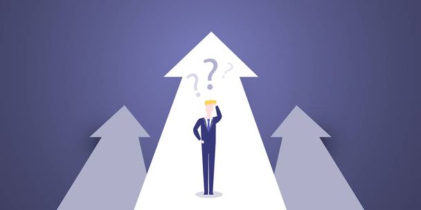 Choice, Way, Direction Design Concept - Decisions, Businessman Choosing, Deciding the Next Step - Man Standing in Front of an Arrow, Vector Illustration - Διάνυσμα, εικόνα