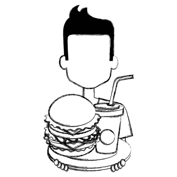 lezzetli burger ve soda ile adam - Vektör, Görsel