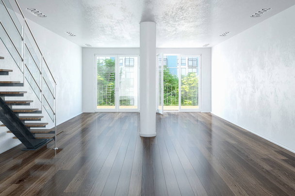 3d renderização de um loft moderno vazio com grandes janelas e um st
 - Foto, Imagem
