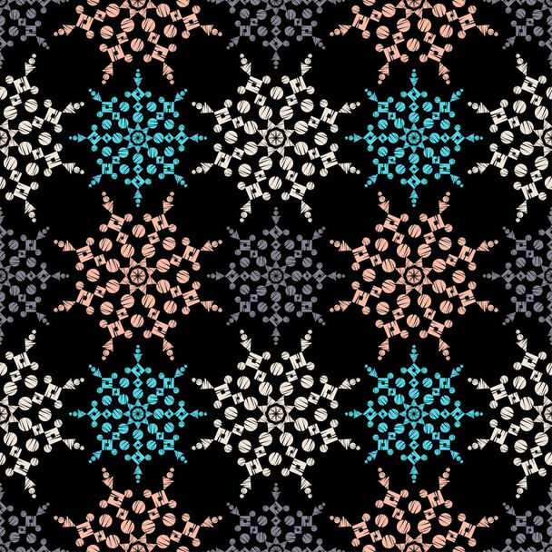 Christmas snowflakes. Ethnic boho seamless pattern. Lace. Embroidery on fabric. Patchwork texture. Weaving. Traditional ornament. Tribal pattern. Folk motif. Can be used for wallpaper, textile, wrapping, web. - Vector, Image