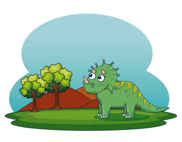 Triceratops wilder Dinosaurier mit Bergen mit Bäumen - Vektor, Bild