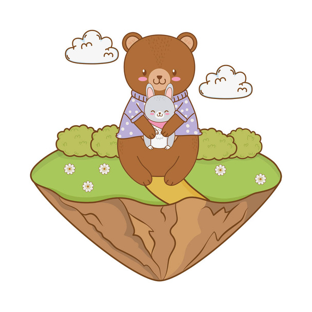 cute bear and rabbit in the field woodland character - Vector, Image